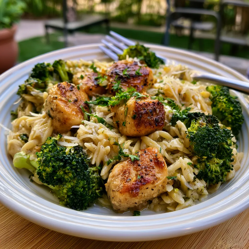 Garlic Parmesan Chicken & Broccoli Orzo Skillet