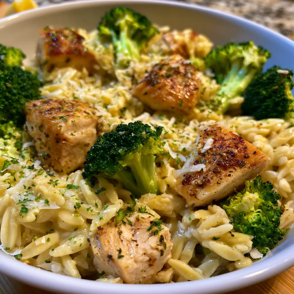 Garlic Parmesan Chicken & Broccoli Orzo Skillet
