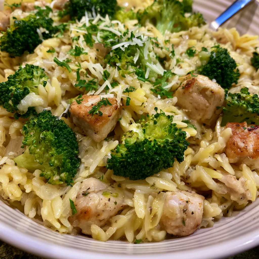 Garlic Parmesan Chicken & Broccoli Orzo Skillet