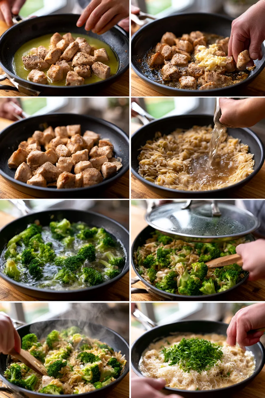 Garlic Parmesan Chicken & Broccoli Orzo Skillet