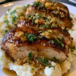 Glazed Garlic Herb Chicken Breast Over Creamy Mashed Potatoes