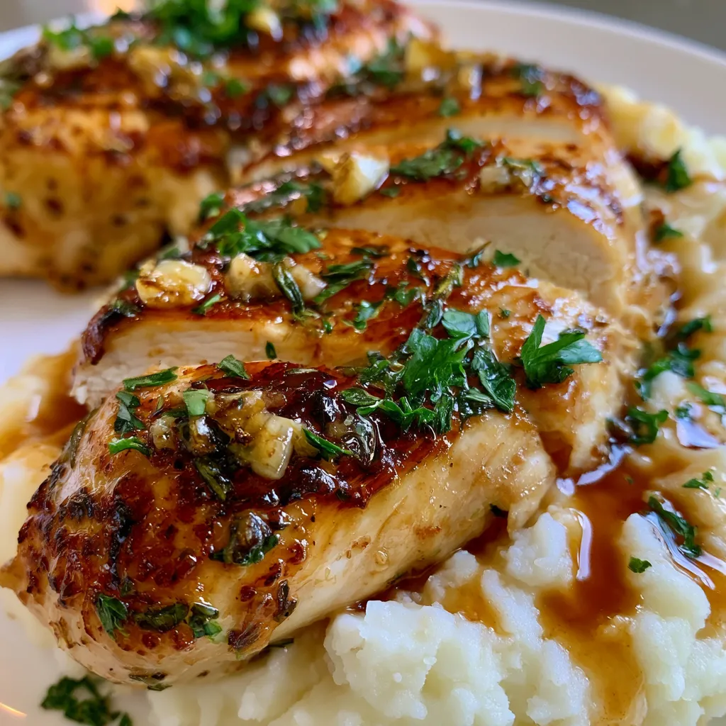 Glazed Garlic Herb Chicken Breast Over Creamy Mashed Potatoes