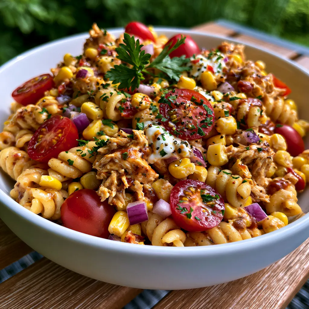 High Protein BBQ Chicken Pasta Salad