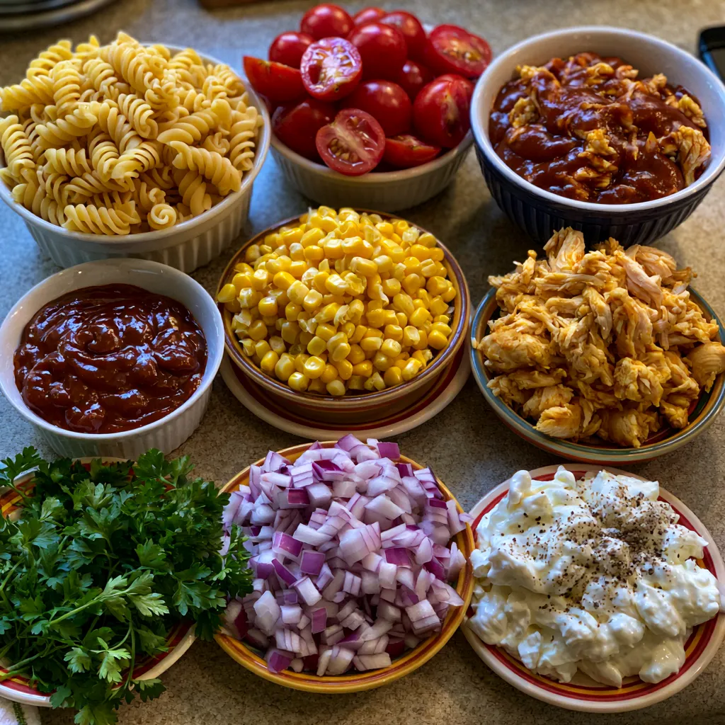 High Protein BBQ Chicken Pasta Salad