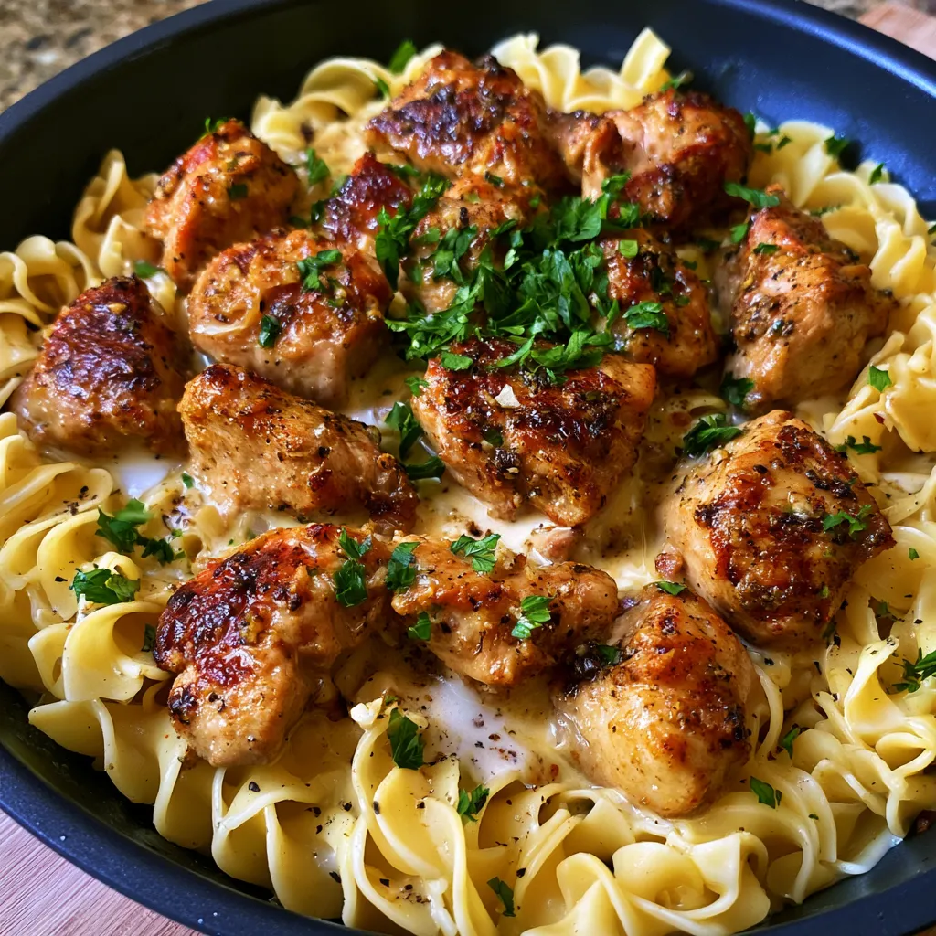 One-Pan Creamy Garlic Butter Chicken with Egg Noodles