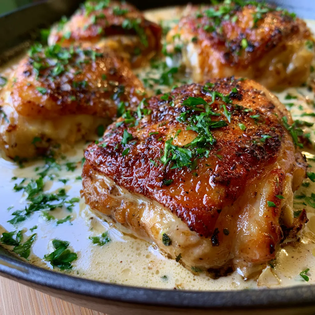 Skillet Chicken Thighs in Creamy Garlic Sauce