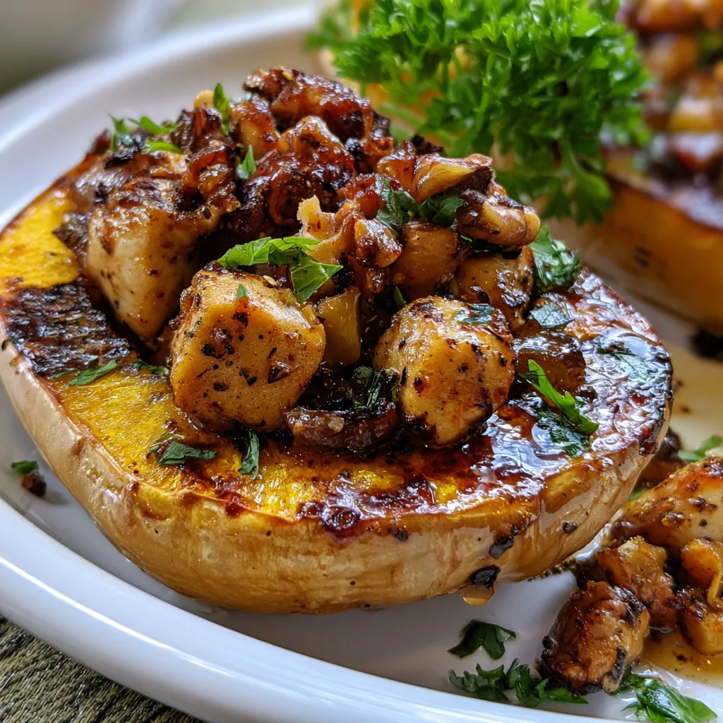 Sweet and Savory Honey Roasted Butternut Squash Stuffed with Chicken