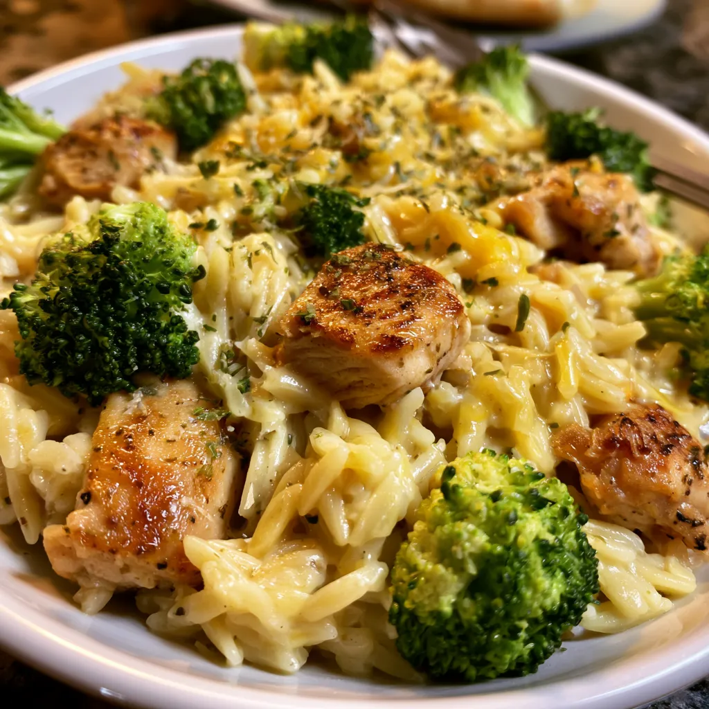 one-pot cheesy chicken and broccoli orzo