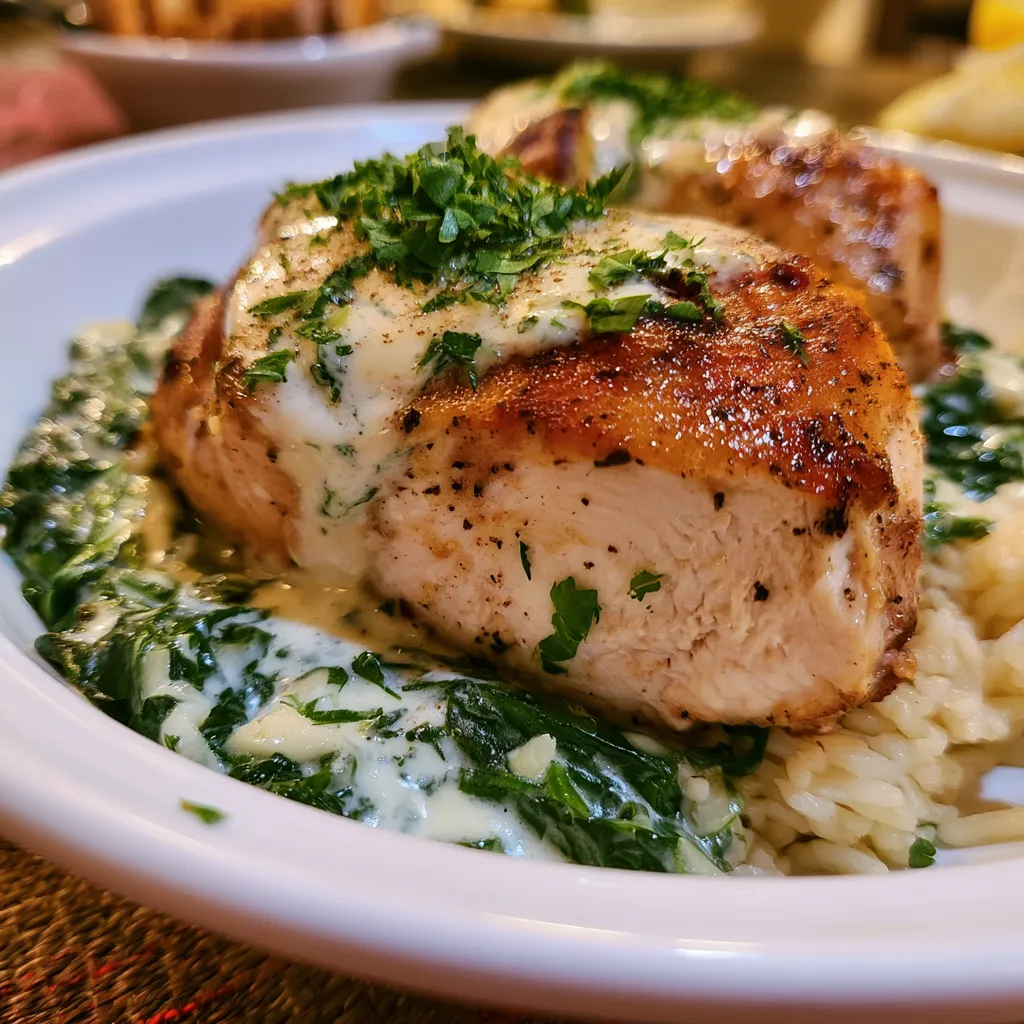 chicken dinner with garlic spinach cream sauce