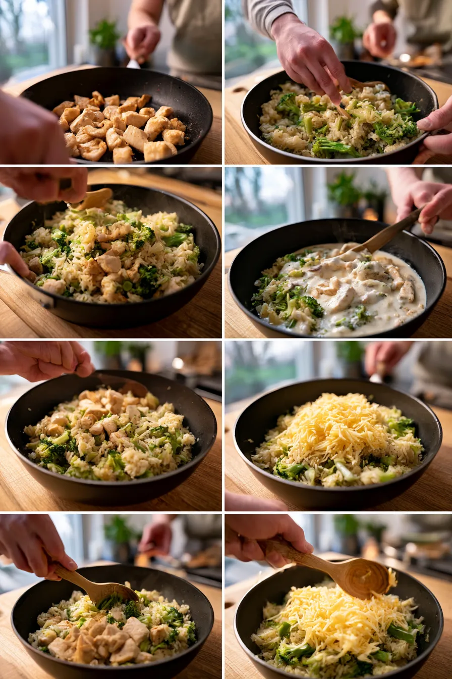 comforting cheesy broccoli rice chicken dinner (quick, and cheap one pan meal!)