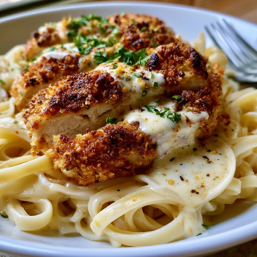 creamy alfredo with truly crispy chicken