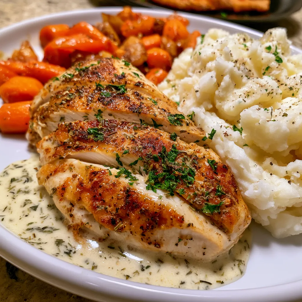 creamy herb chicken with mashed potatoes glazed carrots