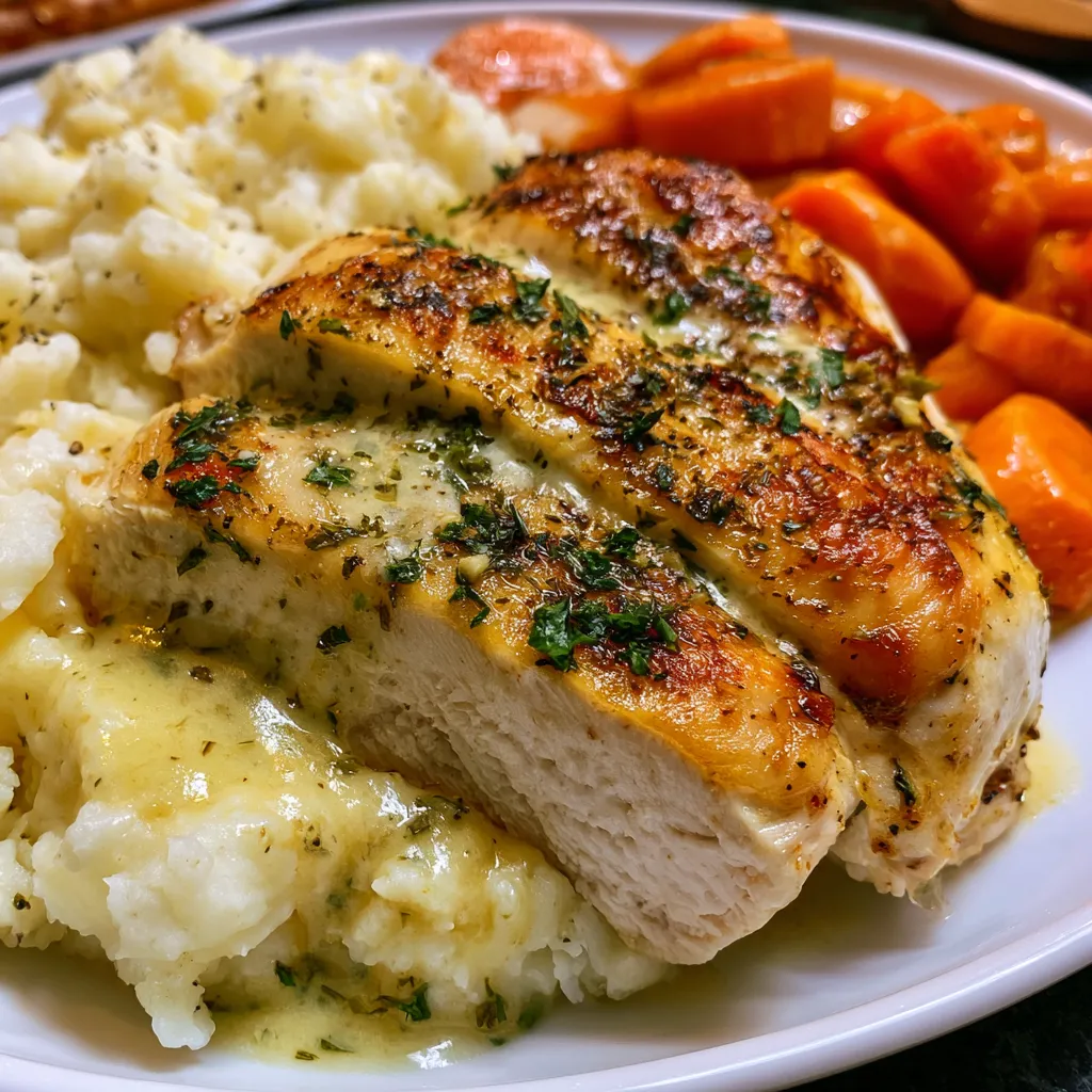 creamy herb chicken with mashed potatoes glazed carrots