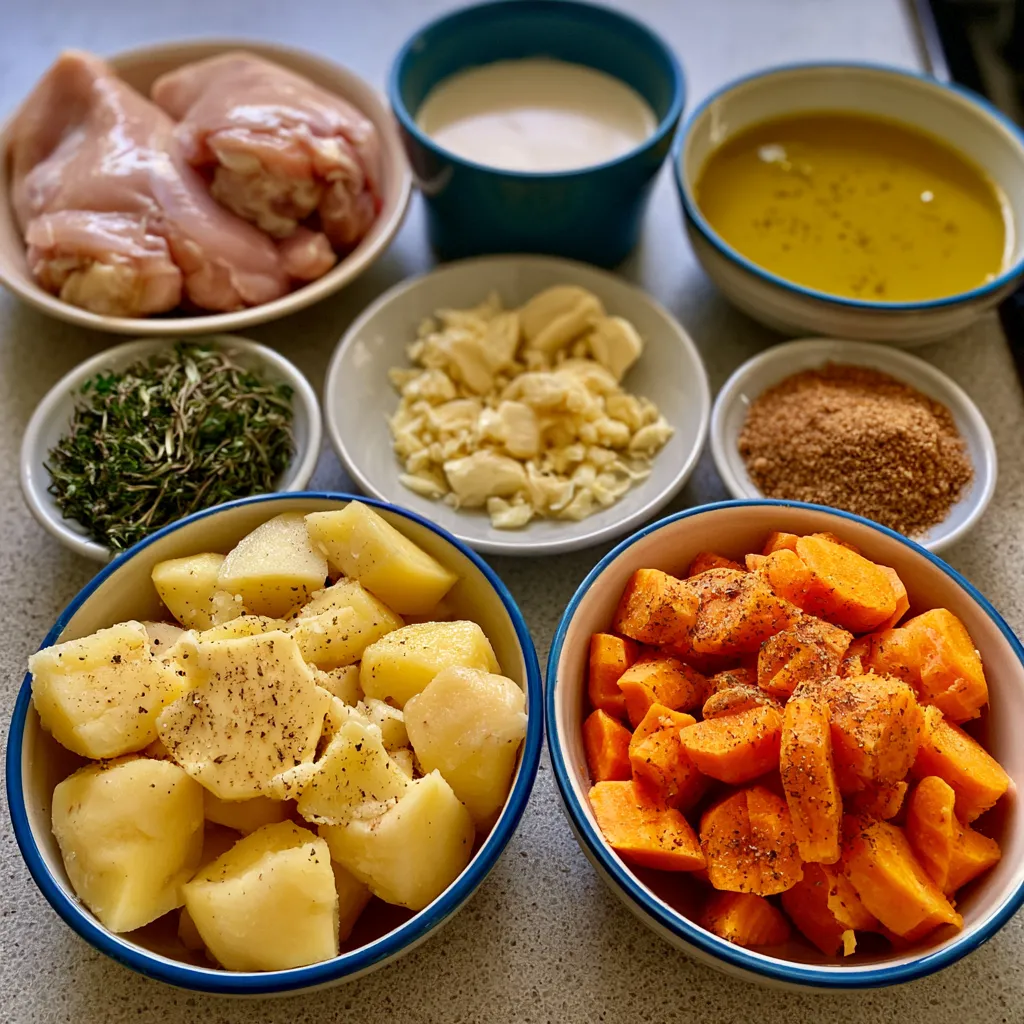creamy herb chicken with mashed potatoes glazed carrots