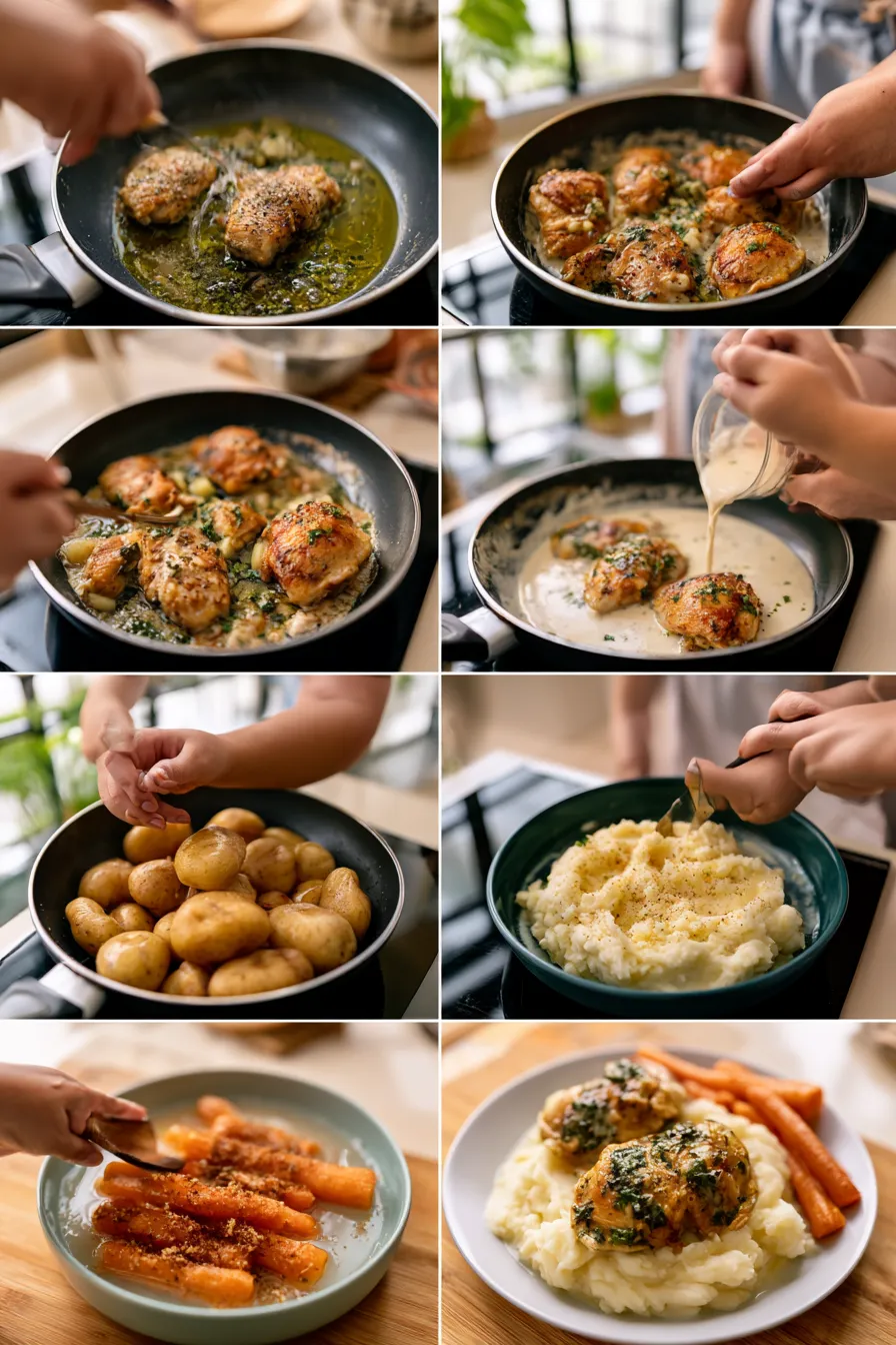 creamy herb chicken with mashed potatoes glazed carrots