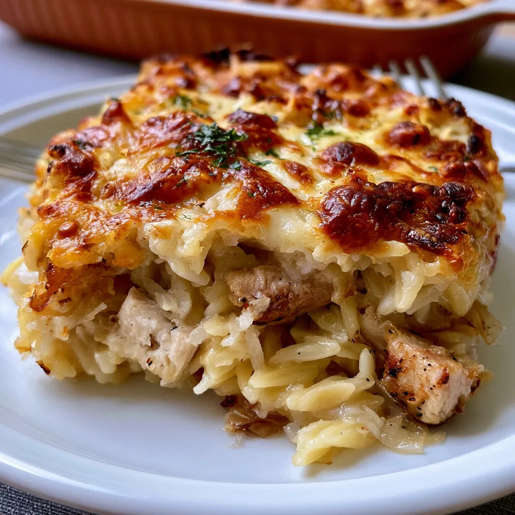 french onion chicken orzo casserole