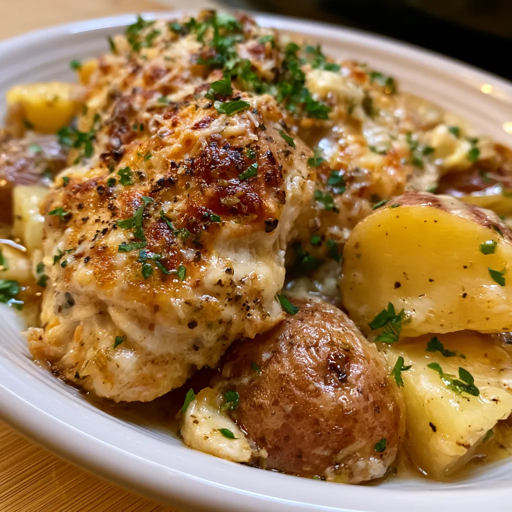garlic parmesan crockpot chicken and potatoes