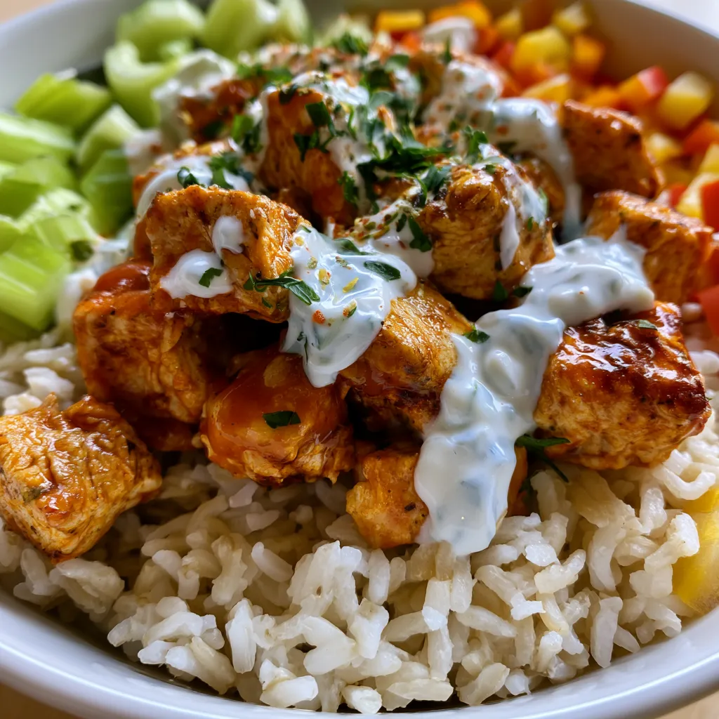 healthy buffalo chicken rice bowl