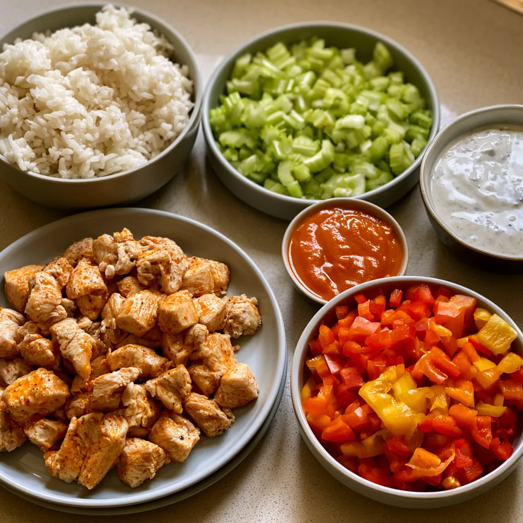 healthy buffalo chicken rice bowl