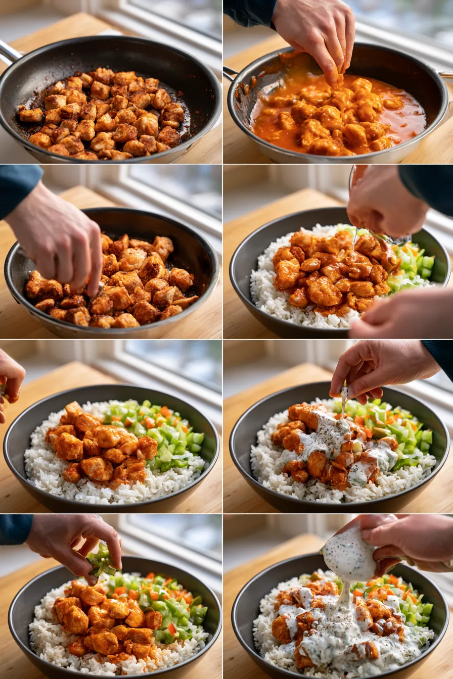 healthy buffalo chicken rice bowl