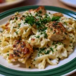 mozzarella garlic butter chicken bowties in cheesy cream