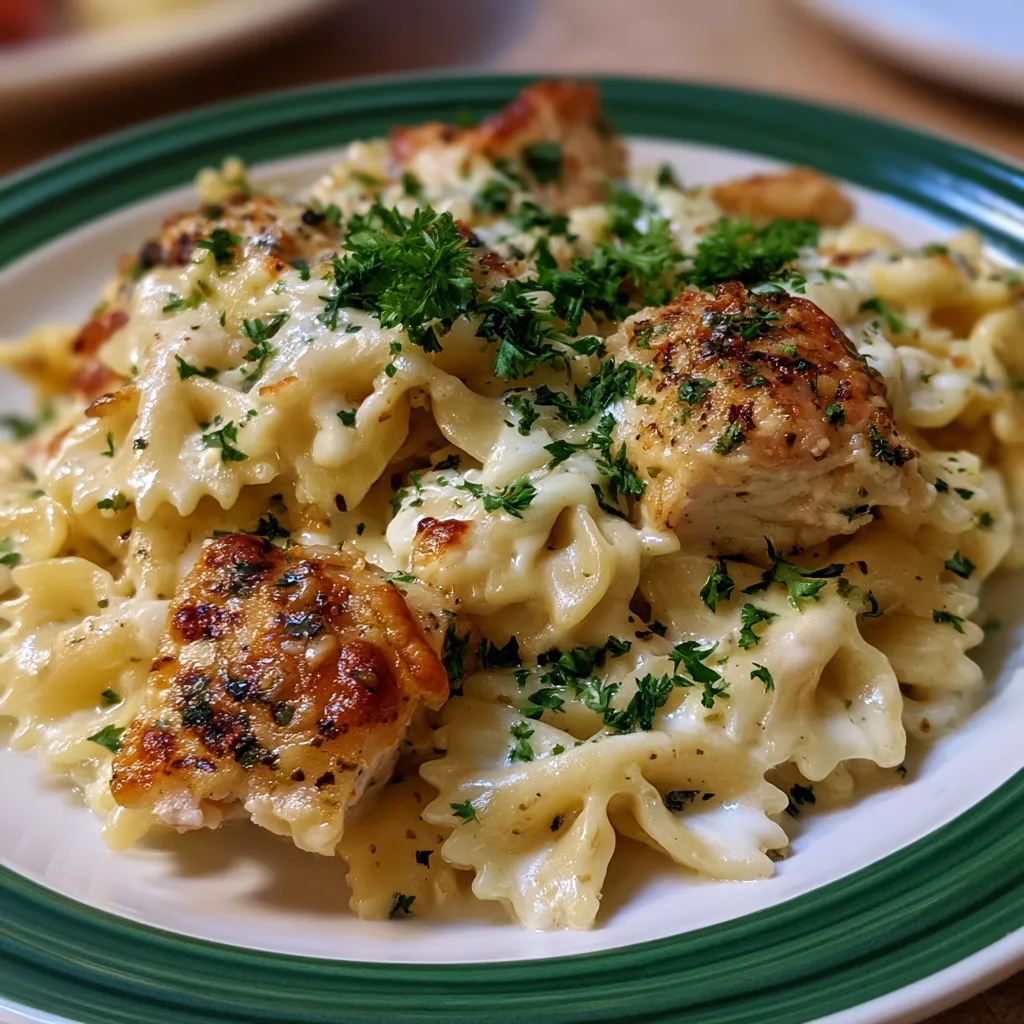 mozzarella garlic butter chicken bowties in cheesy cream