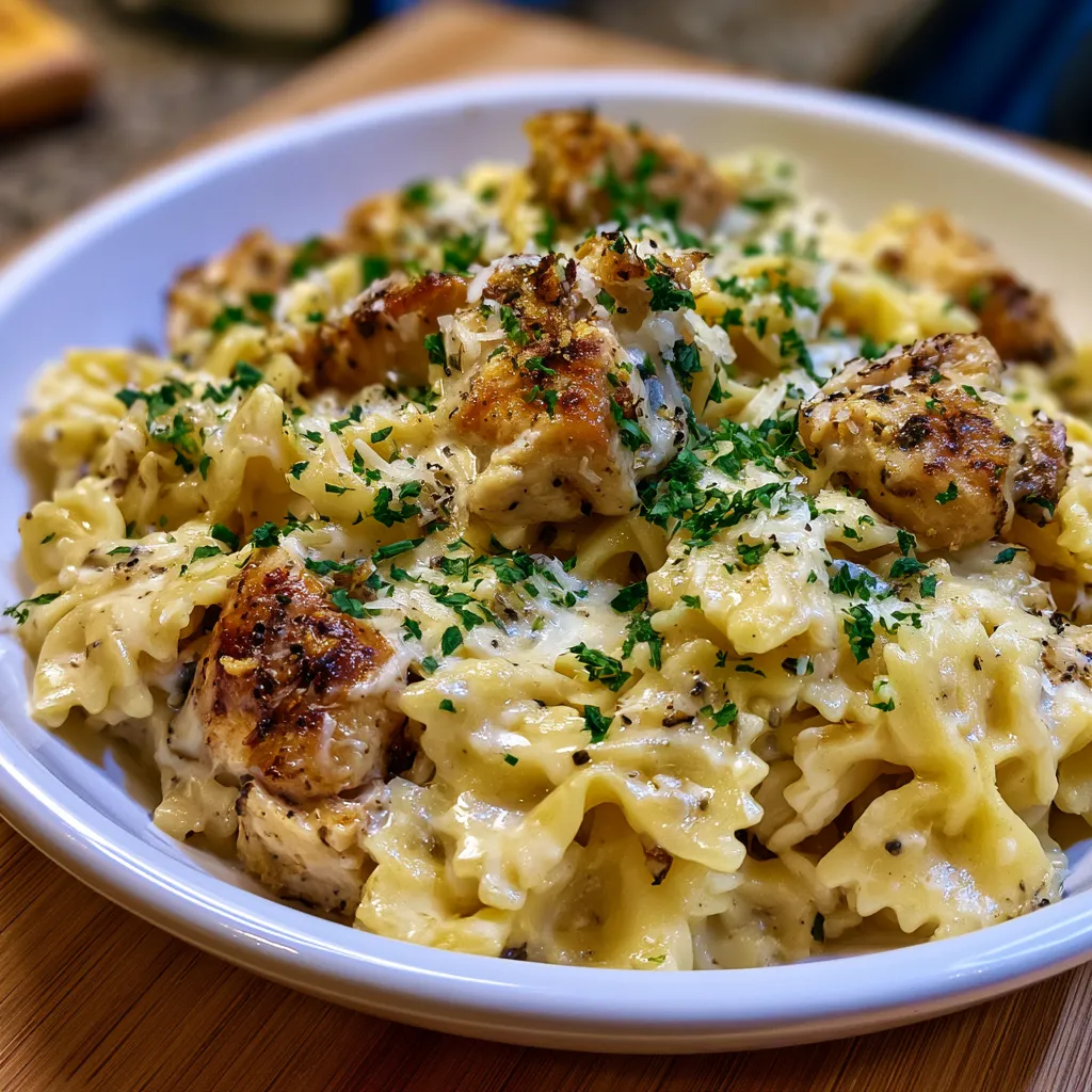 mozzarella garlic butter chicken bowties in cheesy cream