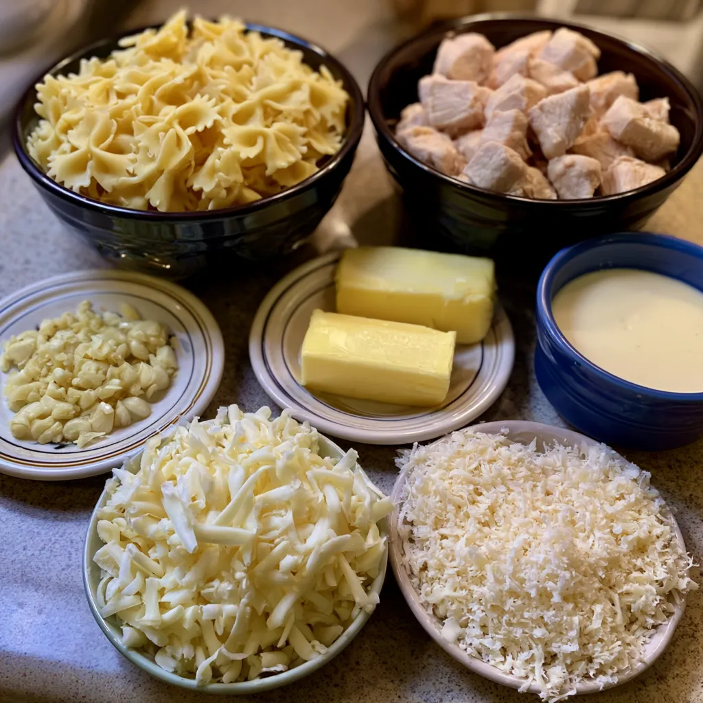 mozzarella garlic butter chicken bowties in cheesy cream