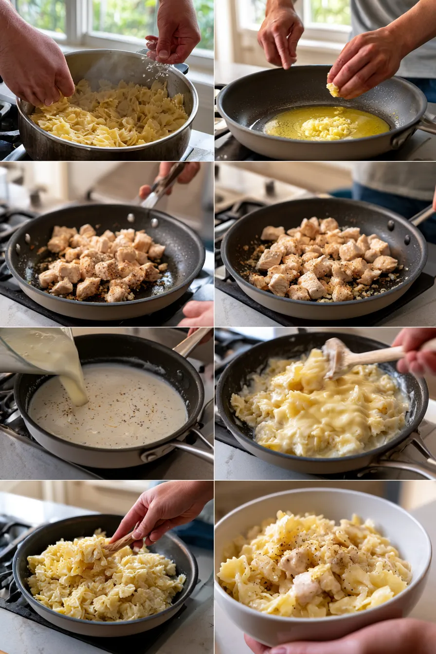 mozzarella garlic butter chicken bowties in cheesy cream