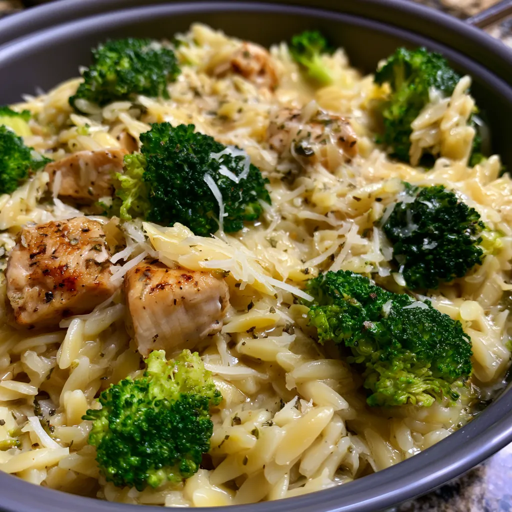 one-pot cheesy chicken and broccoli orzo